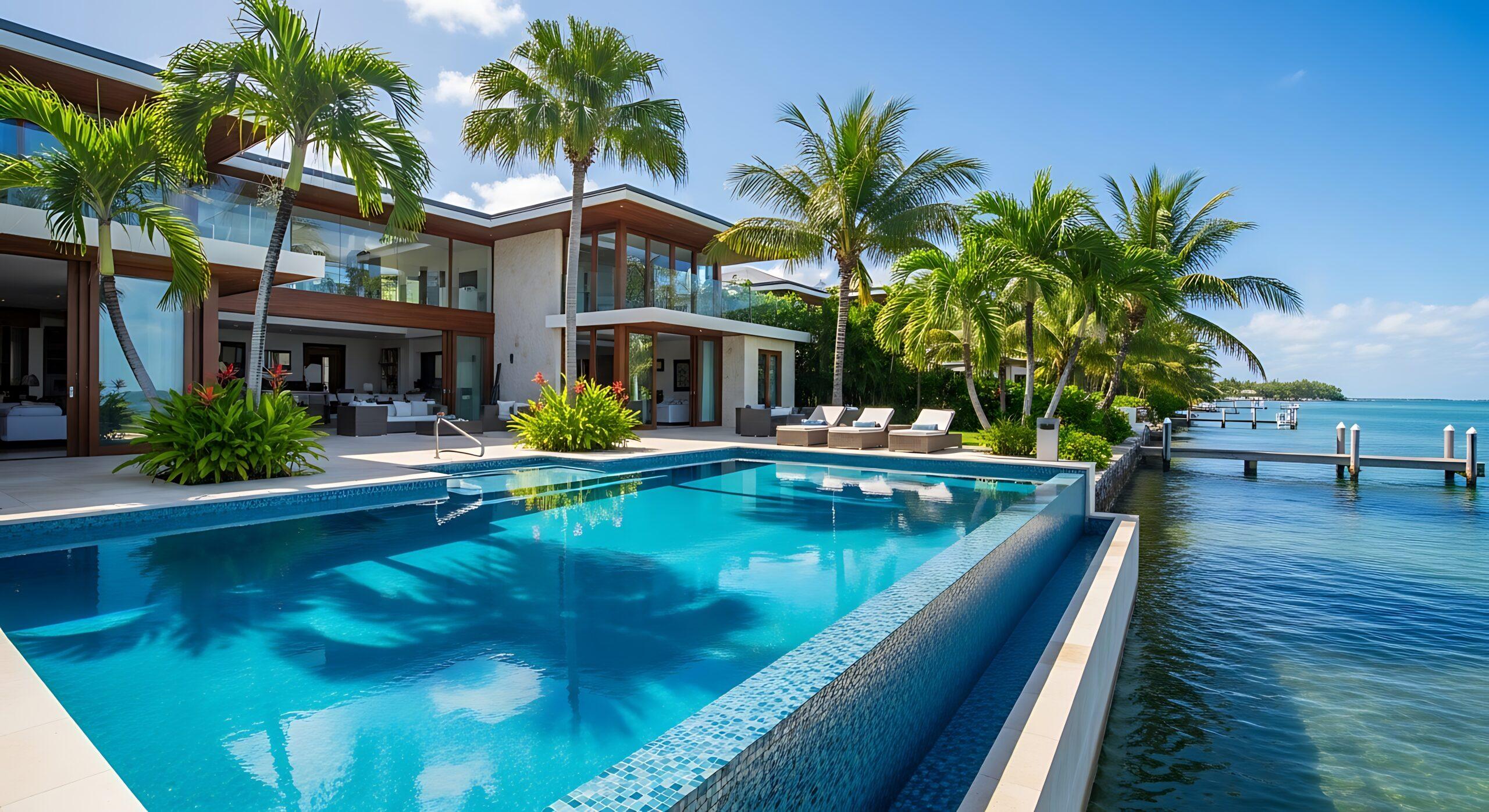 Stunning waterfront property with a luxurious swimming pool and swaying palm trees, offering an idyllic tropical escape for ultimate relaxation and unforgettable vacation experiences